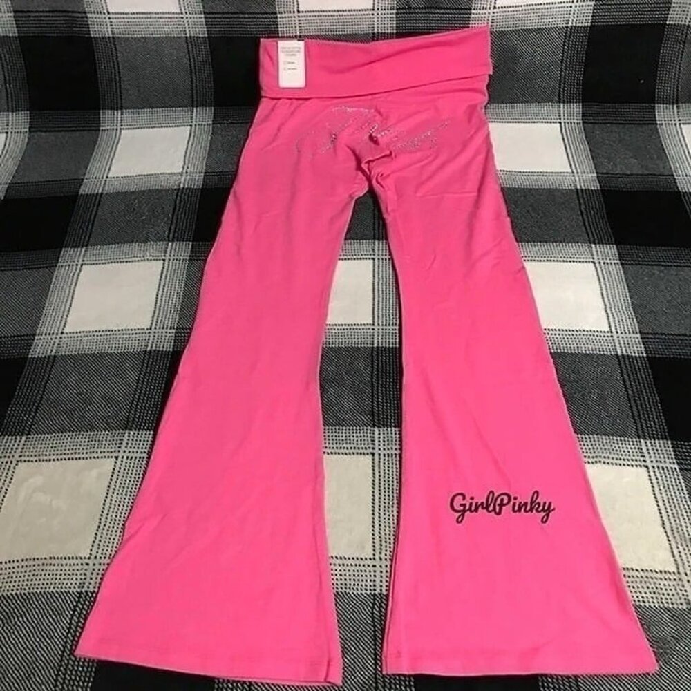 VS PINK FOLDOVER FLARE LEGGINGS CARMINE ROSE BLING LIMITED EDITION XS-XXL